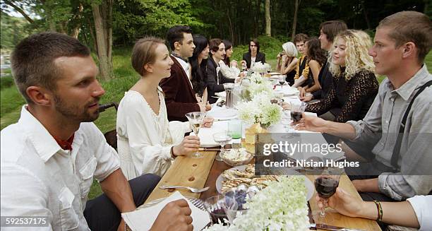 friends sitting together at outdoor dinner party - large dinner party stock pictures, royalty-free photos & images