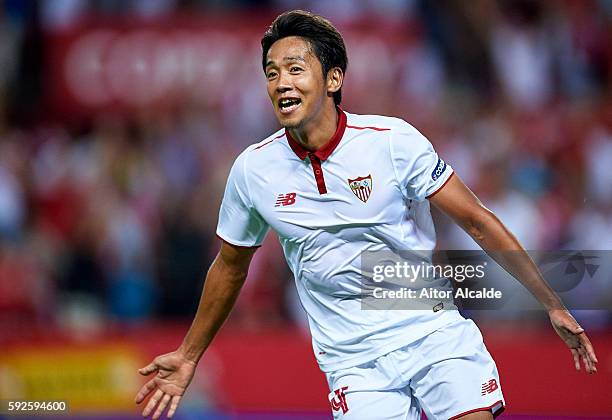 Hiroshi Kiyotake of Sevilla FC celebrates after scoring during the match between Sevilla FC vs RCD Espanyol as part of La Liga at Estadio Ramon...