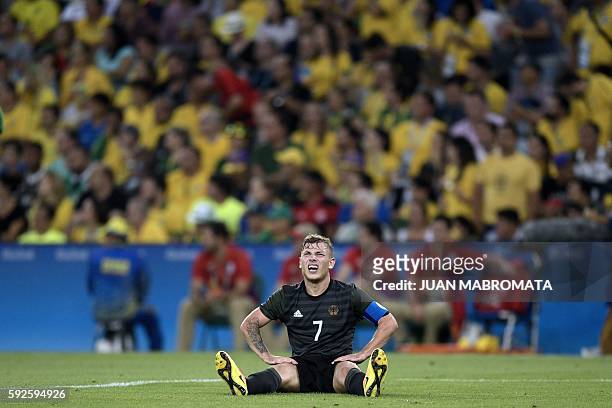 Germany's midfielder Maximilian Meyer reacts during the Rio 2016 Olympic Games men's football gold medal match between Brazil and Germany at the...