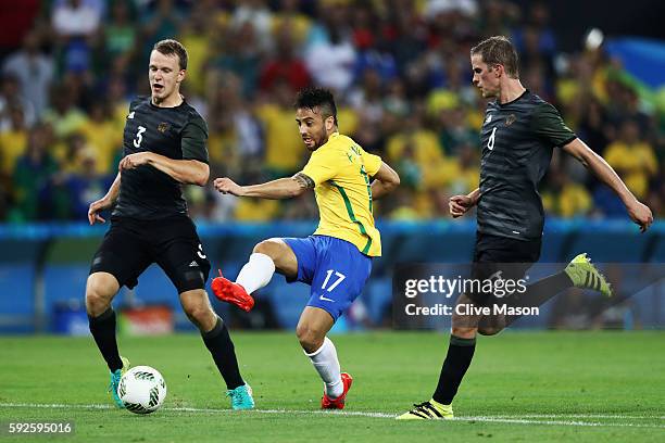 Felipe Anderson of Brazil shoots during the Men's Football Final between Brazil and Germany at the Maracana Stadium on Day 15 of the Rio 2016 Olympic...