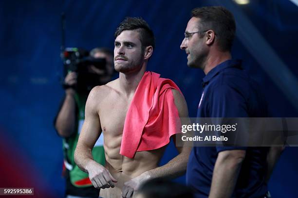 David Boudia of the United States celebrates after winning the bronze for the Men's Diving 10m Platform on Day 15 of the Rio 2016 Olympic Games at...