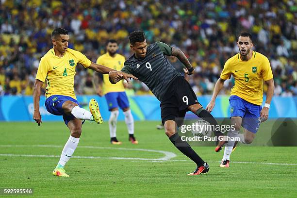 Davie Selke of Germany shoots on goal during the Men's Football Final between Brazil and Germany at the Maracana Stadium on Day 15 of the Rio 2016...