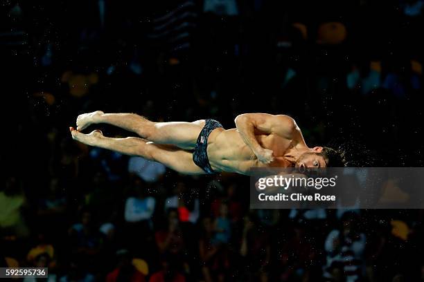 David Boudia of the United States competes during the Men's Diving 10m Platform final on Day 15 of the Rio 2016 Olympic Games at the Maria Lenk...