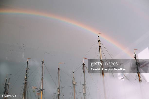 masts of sailing ships under a rainbow - ijsselmeer stockfoto's en -beelden