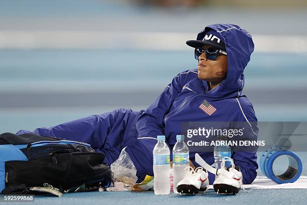 S Inika Mcpherson prepares to compete in the Women's High Jump Final during the athletics event at the Rio 2016 Olympic Games at the Olympic Stadium...