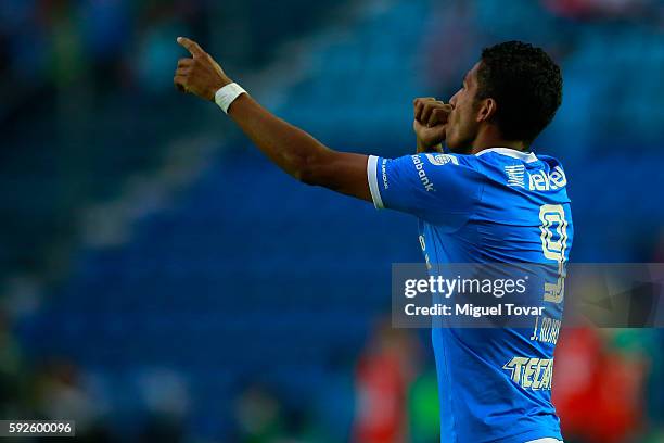 Joao Rojas of Cruz Azul celebrates after scoring during the 6th round match between Cruz Azul and Santos Laguna as part of the Torneo Apertura 2016...