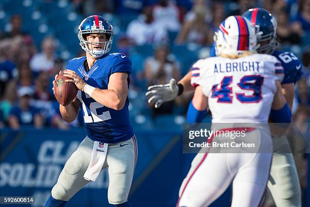 Ryan Nassib of the New York Giants drops back to pass during the second half against the Buffalo Bills on August 20, 2016 at New Era Field in Orchard...