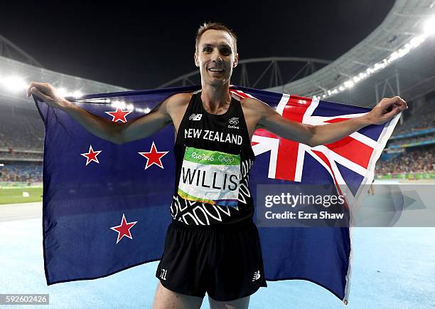 Nicholas Willis of New Zealand celebrates after winning bronze in the Men's 1500 meter Final on Day 15 of the Rio 2016 Olympic Games at the Olympic...
