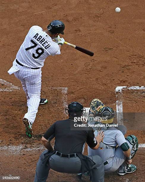 Jose Abreu of the Chicago White Sox hits a solo home run in the 1st inning against the Oakland Athletics at U.S. Cellular Field on August 20, 2016 in...
