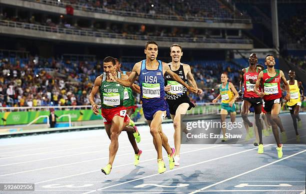 Matthew Centrowitz of the United States reacts after winning gold in front of Taoufik Makhloufi of Algeria and Nicholas Willis of New Zealand in the...