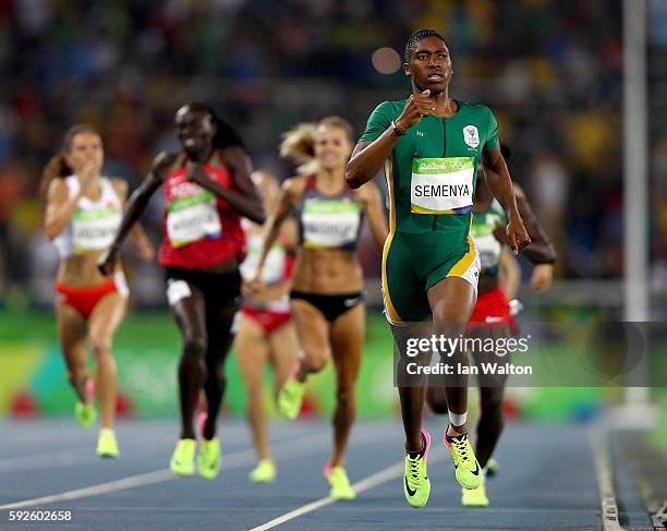 Caster Semenya of South Africa leads the field during the Women's 800 meter Final on Day 15 of the Rio 2016 Olympic Games at the Olympic Stadium on...
