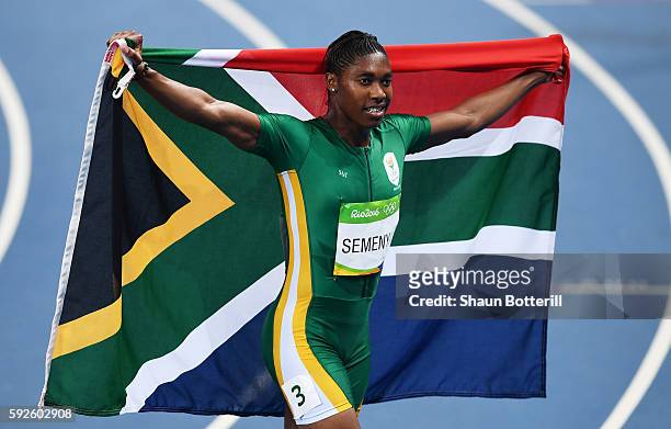 Caster Semenya of South Africa reacts after winning gold in the Women's 800 meter Final on Day 15 of the Rio 2016 Olympic Games at the Olympic...
