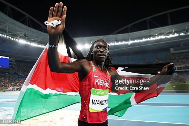 Margaret Nyairera Wambui of Kenya reacts after winning bronze in the Women's 800 meter Final on Day 15 of the Rio 2016 Olympic Games at the Olympic...