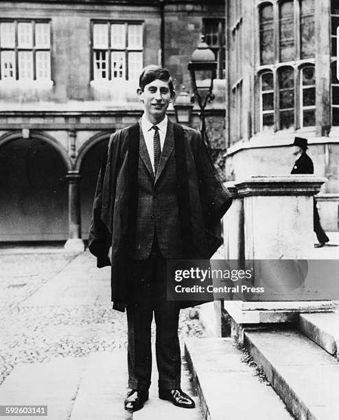 Prince Charles pictured wearing academic robes out as he begins his first term at Cambridge University, outside Trinity College in Cambridge, October...