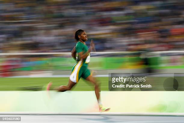 Caster Semenya of South Africa leads the field during the Women's 800 meter Final on Day 15 of the Rio 2016 Olympic Games at the Olympic Stadium on...