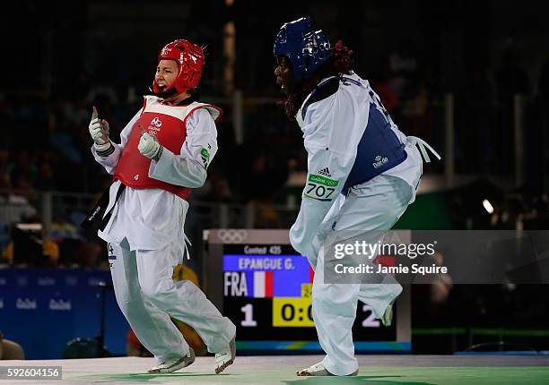 Jackie Galloway of the United States celebrates after defeating Gwladys Epangue of France during the Women's +67kg Bronze Medal contest on Day 15 of...