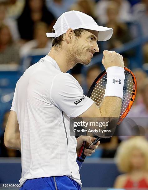 Andy Murray of Great Britain celebrates after winning a point in the semifinal match against Milos Raonic during day 8 of the Western & Southern Open...