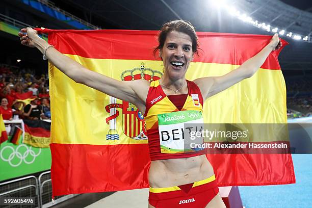 Ruth Beitia of Spain reacts after winning gold in the Women's High Jump Final on Day 15 of the Rio 2016 Olympic Games at the Olympic Stadium on...