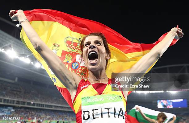 Ruth Beitia of Spain reacts after winning gold in the Women's High Jump Final on Day 15 of the Rio 2016 Olympic Games at the Olympic Stadium on...