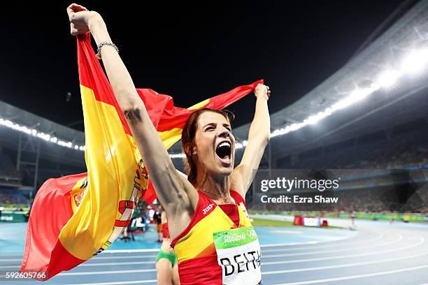 Ruth Beitia of Spain reacts after winning gold in the Women's High Jump Final on Day 15 of the Rio 2016 Olympic Games at the Olympic Stadium on...