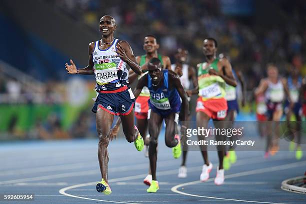 Rio , Brazil - 20 August 2016; Mo Farah of Great Britain celebrates after winning the Men's 5000m final in the Olympic Stadium during the 2016 Rio...