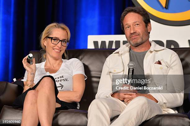 Actress Gillian Anderson and Actor David Duchovny speak onstage during Wizard World Comic Con Chicago 2016 - Day 3 at Donald E. Stephens Convention...