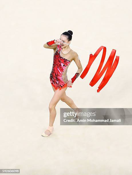 Yeon Jae Son of Korea competes during the Women's Individual All-Around Rhythmic Gymnastics Final on Day 15 of the Rio 2016 Olympic Games at the Rio...