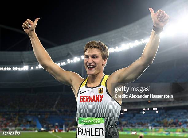 Thomas Rohler of Germany reacts after winning gold in the Men's Javelin Throw on Day 15 of the Rio 2016 Olympic Games at the Olympic Stadium on...