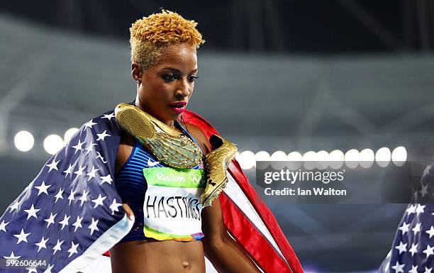 Natasha Hastings of the United States reacts after winning gold in the Women's 4 x 400 meter Relay on Day 15 of the Rio 2016 Olympic Games at the...