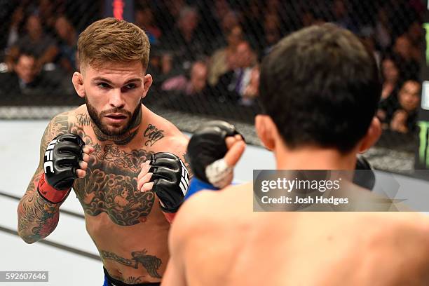 Cody Garbrandt fights Takeya Mizugaki of Japan in their bantamweight bout during the UFC 202 event at T-Mobile Arena on August 20, 2016 in Las Vegas,...