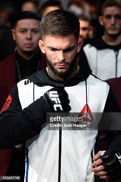 Cody Garbrandt prepares to fight Takeya Mizugaki of Japan in their bantamweight bout during the UFC 202 event at T-Mobile Arena on August 20, 2016 in...