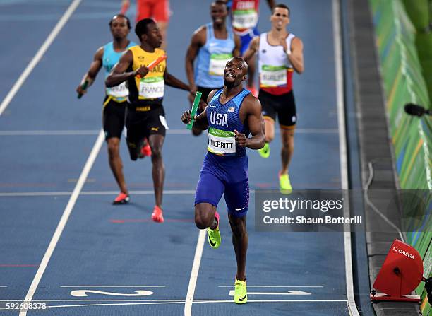 Lashawn Merritt of the United States reacts after winning gold in the Men's 4 x 400 meter Relay on Day 15 of the Rio 2016 Olympic Games at the...