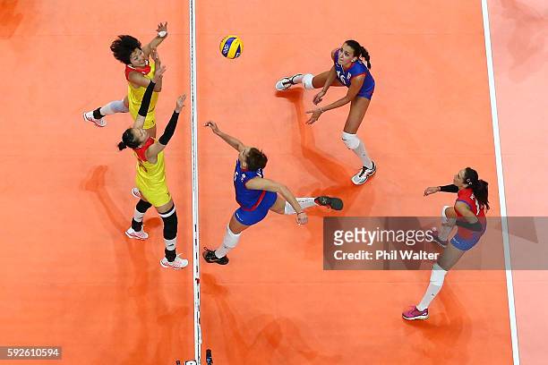 China competes against Serbia during the Women's Gold Medal Match on Day 15 of the Rio 2016 Olympic Games at the Maracanazinho on August 20, 2016 in...