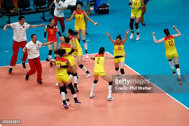 China celebrates after the Women's Gold Medal Match between Serbia and China on Day 15 of the Rio 2016 Olympic Games at the Maracanazinho on August...