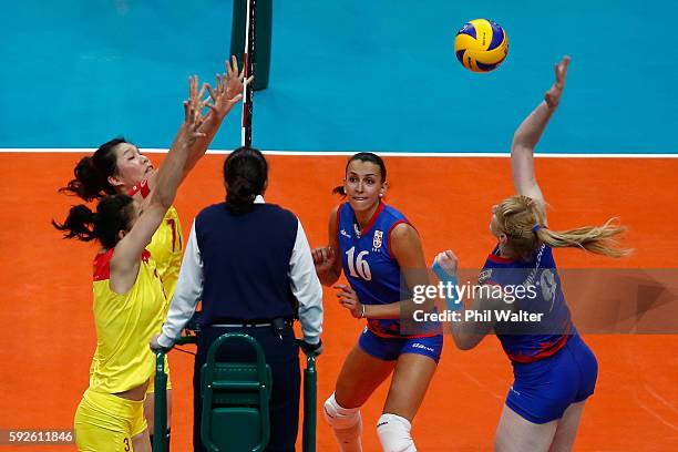 Brankica Mihajlovic of Serbia spikes the ball during the Women's Gold Medal Match between Serbia and China on Day 15 of the Rio 2016 Olympic Games at...