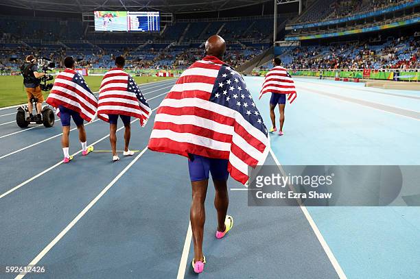 Lashawn Merritt of the United States reacts after winning gold in the Men's 4 x 400 meter Relay on Day 15 of the Rio 2016 Olympic Games at the...