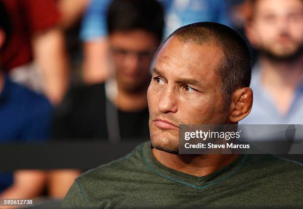 Mixed martial artist Dan Henderson attends the welterweight bout between Hyun Gyu Lim and Mike Perry at the UFC 202 event at T-Mobile Arena on August...