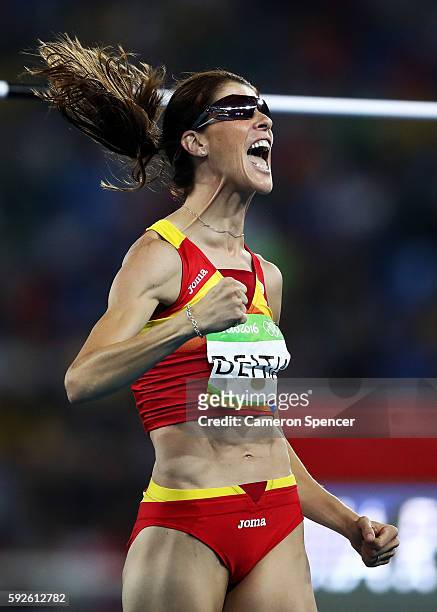Ruth Beitia of Spain reacts as she competes in the Women's High Jump final on Day 15 of the Rio 2016 Olympic Games at the Olympic Stadium on August...
