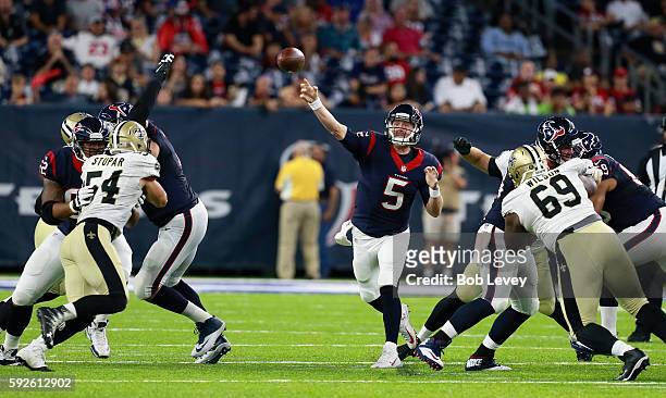 Brandon Weeden of the Houston Texans throws downfield against the New Orleans Saints during a preseason NFL game at NRG Stadium on August 20, 2016 in...