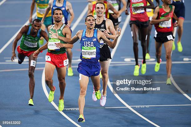 Matthew Centrowitz of the United States reacts after winning gold in front of Taoufik Makhloufi of Algeria and Nicholas Willis of New Zealand in the...