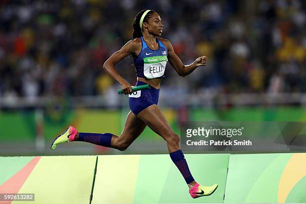 Allyson Felix of the United States competes during the Women's 4 x 400 meter Relay on Day 15 of the Rio 2016 Olympic Games at the Olympic Stadium on...