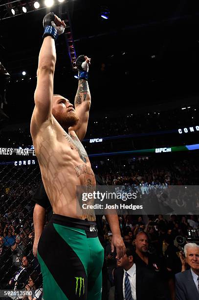 Conor McGregor of Ireland prepares to fight Nate Diaz in their welterweight bout during the UFC 202 event at T-Mobile Arena on August 20, 2016 in Las...