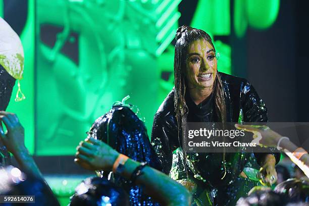 Galilea Montijo get slimed on stage during the Nickelodeon Kids' Choice Awards Mexico 2016 at Auditorio Nacional on August 20, 2016 in Mexico City,...