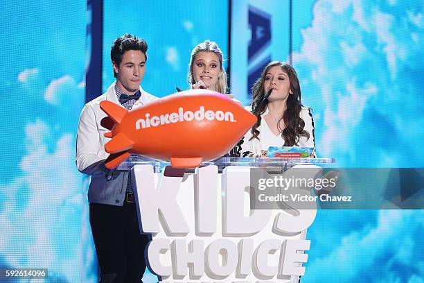 Michael Ronda, Valentina Zenere and Karol Sevilla speak on stage during the Nickelodeon Kids' Choice Awards Mexico 2016 at Auditorio Nacional on...