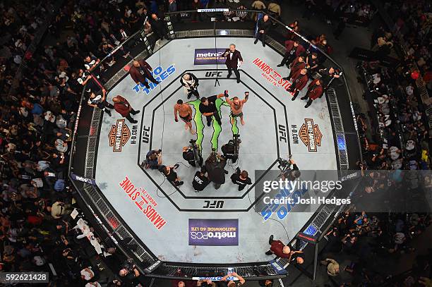 Conor McGregor of Ireland celebrates after defeating Nate Diaz in their welterweight bout during the UFC 202 event at T-Mobile Arena on August 20,...