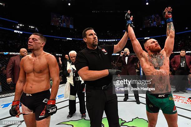 Conor McGregor of Ireland celebrates his win over Nate Diaz in their welterweight bout during the UFC 202 event at T-Mobile Arena on August 20, 2016...