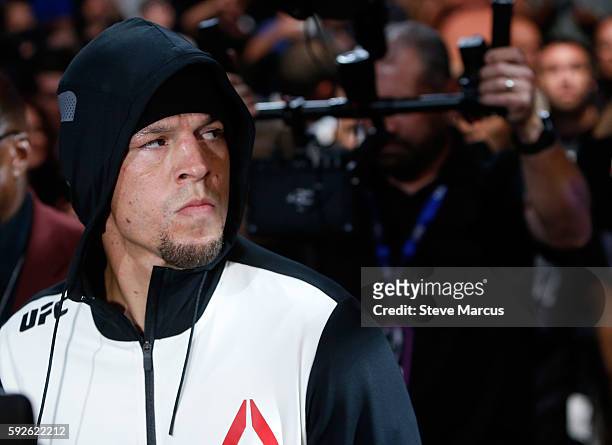 Nate Diaz walks to the Octagon before his welterweight rematch against Conor McGregor at the UFC 202 event at T-Mobile Arena on August 20, 2016 in...