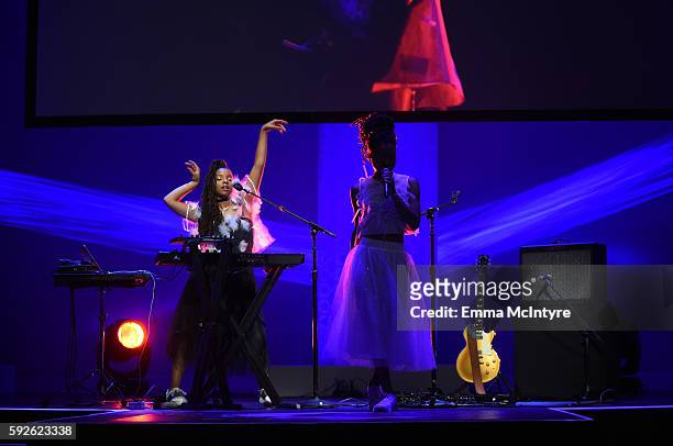 Recording artists Chloe Bailey and Halle Bailey of Chloe x Halle perform onstage during the 5th Annual NYX FACE Awards on August 20, 2016 in Los...
