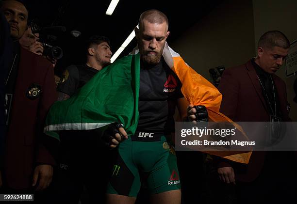 Conor McGregor of Ireland prepares to enter the Octagon before facing Nate Diaz during the UFC 202 event at T-Mobile Arena on August 20, 2016 in Las...