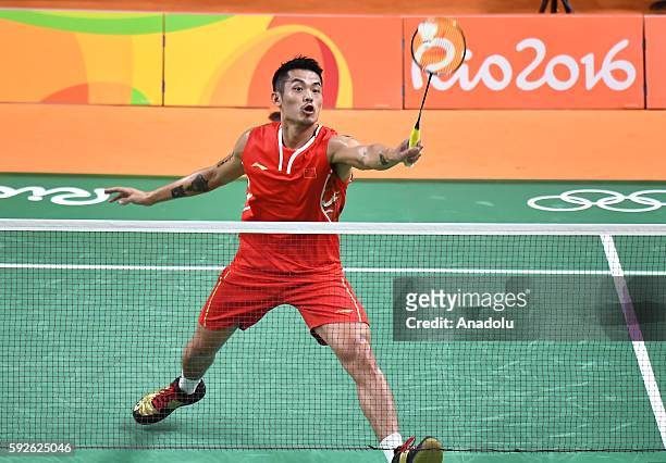 Lin Dan of China competes against Axelsen Viktor of Denmark in the Mens Singles Bronze Medal on Day 15 of the 2016 Rio Olympics at Riocentro -...